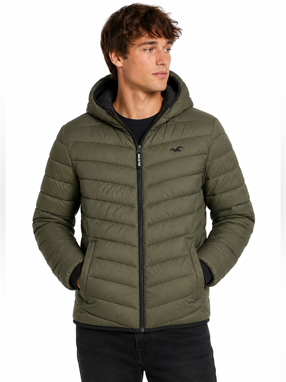 Hollister Hooded Puffer Jacket Olive Green Men’s XL Lightweight Full Zip